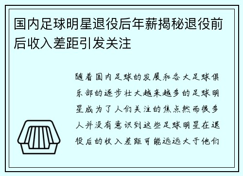 国内足球明星退役后年薪揭秘退役前后收入差距引发关注